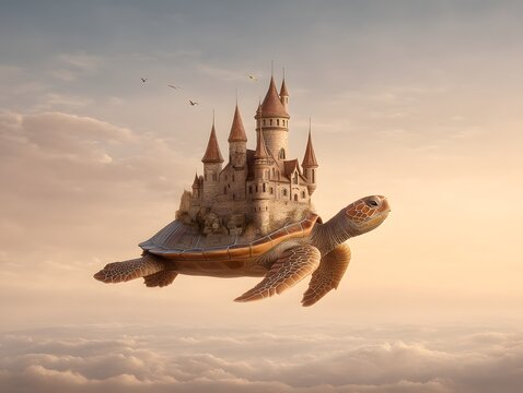 A fantasy castle floating on top of a giant flying turtle in a golden evening sky