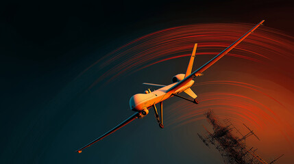 Close-up of military surveillance drones in the sky, Air strikes by drones. Military surveillance radar evasion.