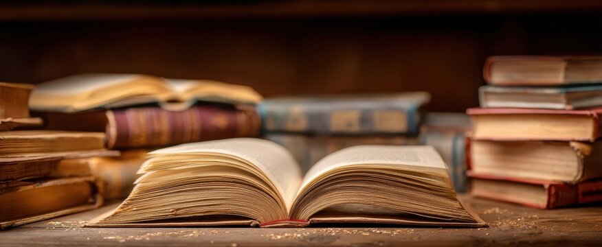 The open book surrounded by vintage literature on a rustic wooden shelf.