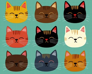 cute cat emoji sticker pack handdrawn folk art cat emojis with imperfect ink lines and warm textures, clean framing under window light simulation