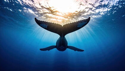 Whale Tail Underwater: Majestic view of a humpback whale's fluke silhouetted against sunlit ocean surface.