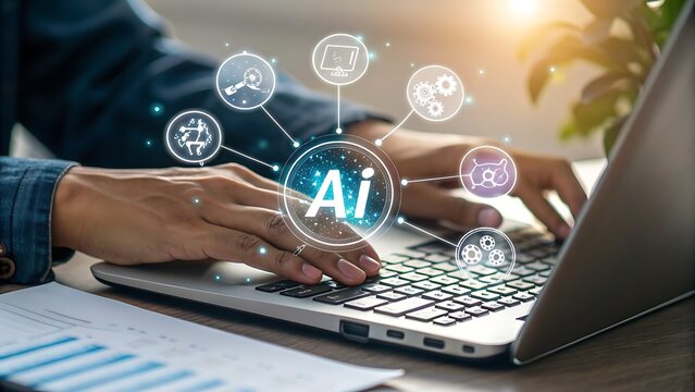 Closeup of a person typing on a laptop with ai icons hovering above the keyboard, representing artificial intelligence, machine learning, and the integration of technology in business and daily life