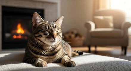 Contented tabby cat relaxing in warm, sunny living room