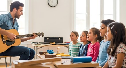 Music teacher playing guitar with singing children in classroom