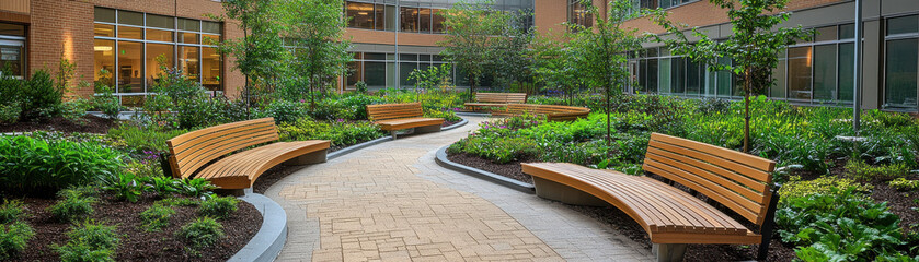 serene hospital garden with benches and lush greenery