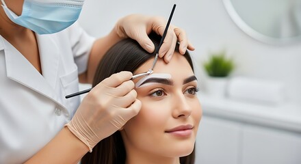 Eyebrow lamination procedure. Beautician applying dye on woman's eyebrows in beauty salon