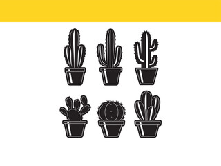 Set of monochrome cactus and succulent plant icons. Simple potted houseplant silhouette vector graphics for design elements.