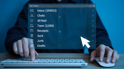 Man managing digital inbox on futuristic interface, navigating email with cursor and keyboard
