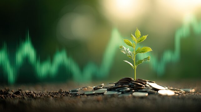 Small Plant Growing From Coins With Financial Chart Background