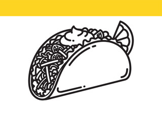 Fototapeta premium Minimalist taco icon shown in a clean vector line art style. A classic Mexican street food with various toppings and a lime wedge.