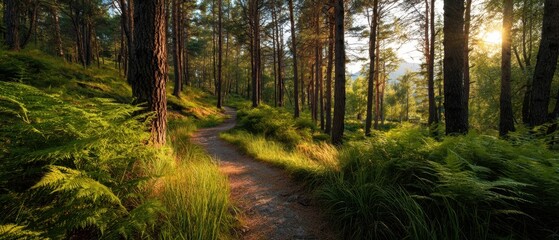 Obraz premium The tranquil forest path illuminated by gentle morning sunlight.