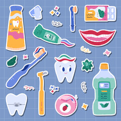 Childish dentistry and teeth care sticker set for planners, notebooks. Ready for print list of cartoon hand drawn clipart of toothpaste, mouth, toothpaste, dental floss, chewing gum, mouthwash.