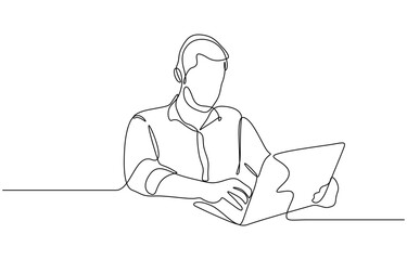Continious one line drawing of young businessman working on laptop vector illustration. Editable outline
