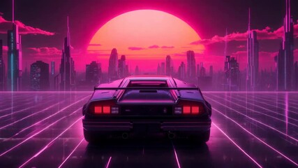 A retro-futuristic scene featuring a sleek car against a vibrant pink sunset, with a neon city skyline in the background, embodying 80s synthwave aesthetics. - Powered by Adobe