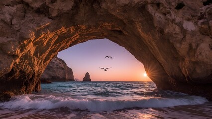 Serene Sunset Through Coastal Rock Arch with Ocean View and Seagulls – Tranquil Nature Landscape