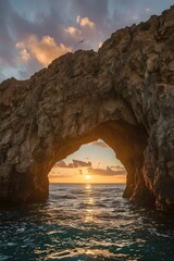Serene Sunset Through Coastal Rock Arch with Ocean View and Seagulls – Tranquil Nature Landscape