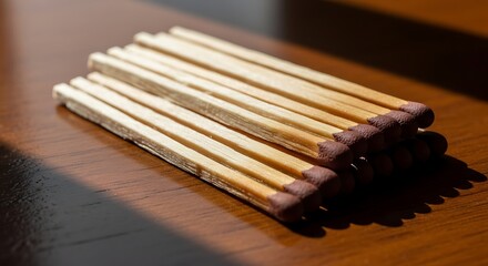 Close-up of wooden matches with red tips on a wooden surface