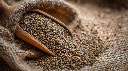 Close-up of Ajwain Seeds in a Wooden Scoop on Burlap carom seeds spice
