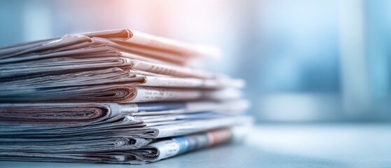 The stack of newspapers on a desk with a blurred background aesthetic.