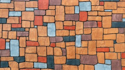 Vibrant multi colored stone wall with irregular shapes creates a unique  rustic texture. A row of colorful curved square stones. Ideal for backgrounds architectural themes or design elements. 
