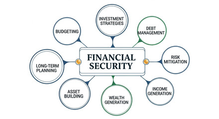 Diagram illustrating components of financial security: budgeting, investment strategies, debt management, risk mitigation, long-term planning, asset building, wealth generation, income generation