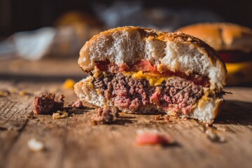 Juicy Cheeseburger Half: Rustic, Delicious Close-up