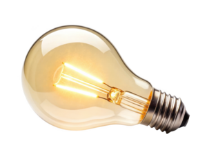 A glowing light bulb illuminates a bright idea showing innovation and creative solutions to problems with a vintage design isolated on transparent background