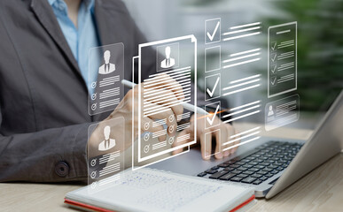 Online HR assessment and employment checklist concept. Human resource management tools for...