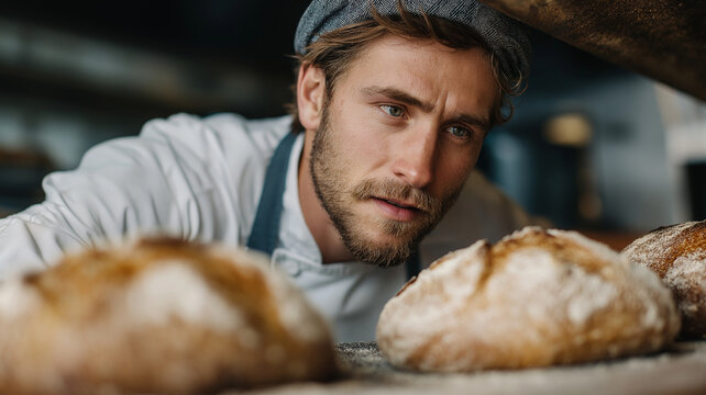 Freshly baked bread being inspected by baker