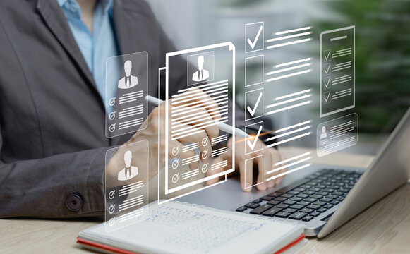 Online HR assessment and employment checklist concept. Human resource management tools for recruitment, employee evaluation, and digital workforce planning.