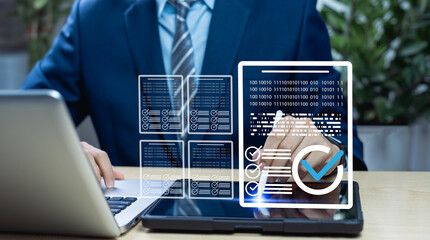 Businessmen tracking key performance indicators by completing online surveys and digital checklists...