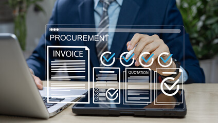 Businessman navigating digital procurement workflow, selecting invoice with confirmation icon. Concept of ERP systems, B2B procurement, and paperless approval in business operations.