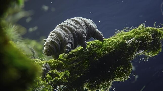 Microscopic, realistic view of a tardigrade (water bear) slowly moving across green moss, captured in high detail with a nature documentary style, highlighting its resilience and unique micro-world en