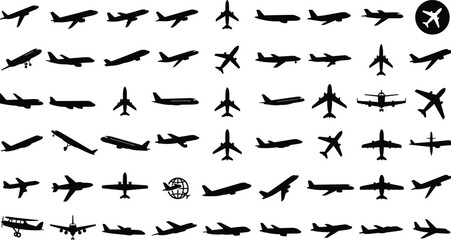 
Airplane Silhouettes Collection, Various Aircraft Shapes, Black Vector Icons, Flight and Aviation Symbols, Travel Design Elements