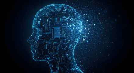 Abstract digital human head with glowing blue circuits and particles