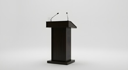 Podium's Presence: A sleek, modern podium stands alone, microphones poised, ready for a speaker to deliver their message, radiating professionalism and anticipation.