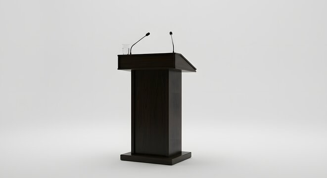Podium's Presence: A sleek, modern podium stands alone, microphones poised, ready for a speaker to deliver their message, radiating professionalism and anticipation.