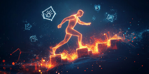 Abstract man made of light stepping over obstacles, digital growth symbols swirling around, 2030 progress.