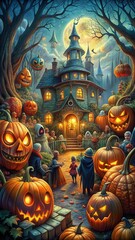 Obraz premium Spooky halloween night with pumpkin lanterns and children in costumes at a haunted house 