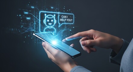 Photo of chatbot artificial intelligence technology on mobile phone with user hand interaction for digital online support service