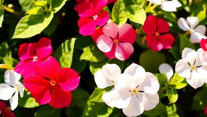 Fototapeta premium Vibrant Periwinkle Flowers in Bloom: A Garden of Red, Pink, and White Blossoms with Lush Green Leaves.