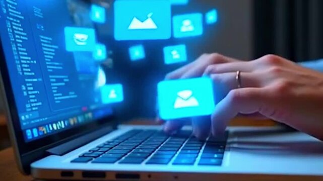 Typing hands with animated message and user icons drifting up, glowing softly — sleek, professional, digital workspace.