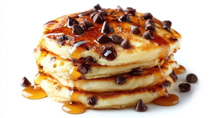 Golden Brown Stacked Pancakes With Chocolate Chips And Maple Syrup