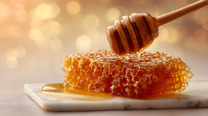 Golden Honeycomb Dripping Sweet Nectar from Wooden Dipper on Marble Slab with Bokeh Background