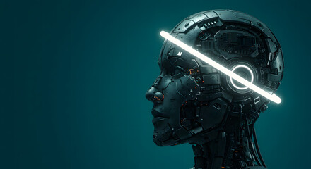Obraz premium Futuristic robot head with glowing neon light across its face