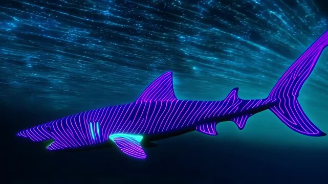 A vibrant, neon shark swims gracefully through a dazzling underwater scene, illuminated by shimmering light effects, creating a mesmerizing fantasy aesthetic.