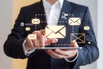 Businessman Interacting with Email Icons on a Tablet