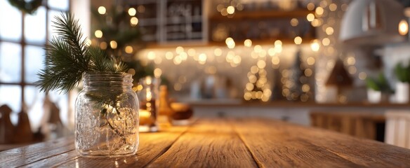 The rustic charm of a festive kitchen adorned with a pine jar centerpiece.