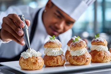 Chef decorating cream puffs at a culinary event in a modern kitchen setting