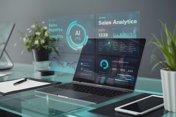 The digital age of technology connects people and business through a modern display of a laptop and smartphone